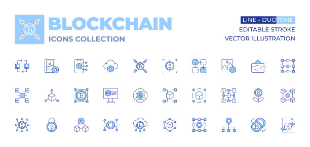 区块链图标集合。线条双色样式，可编辑笔触。区块链、区块链、节点、比特币、艺术、图表、移动、云、图片、监控、网络。图片下载