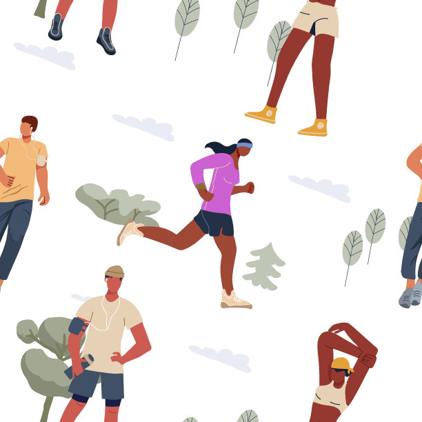 无缝图案，壁纸跑人，慢跑。积极健康的跑步者，男人，女人在户外训练。平面矢量插图，孤立在一个白色的背景。图片下载