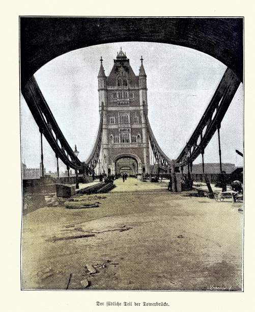 建筑，伦敦泰晤士河上的塔桥，19世纪维多利亚时代，复古照片，德文文本图片下载