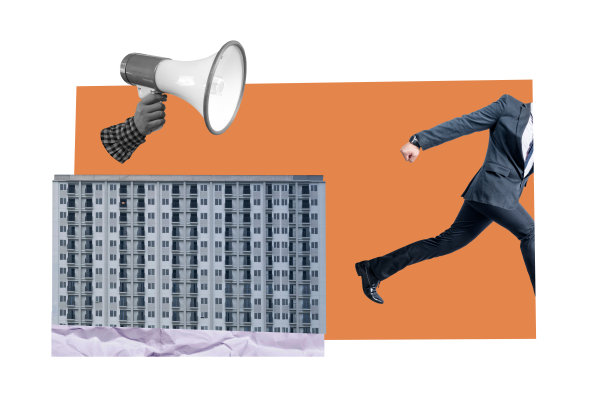 一只手拿着扩音器和一个奔跑的商人图片下载