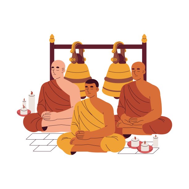 佛教的宗教。佛教徒在地板上冥想。一群僧侣在祈祷。宗教中诵经、诵经。信仰，对佛的信仰。平面隔离矢量插图上的白色背景图片下载