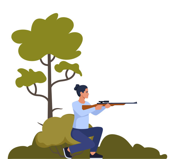 运动射击。用步枪瞄准的女人。户外爱好，打猎。女枪手保卫财产。军事户外技能。向量。图片下载