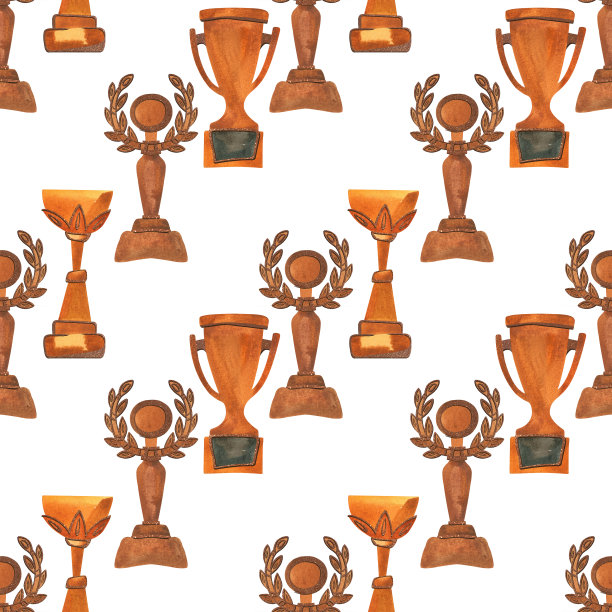 比赛优胜者奖品:带有闪闪发光的杯子和奖牌的无缝图案。颁奖典礼水彩画设计。图片下载