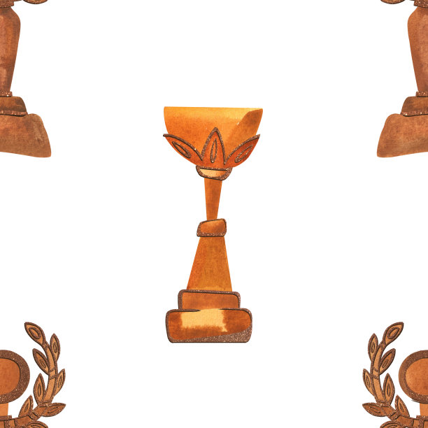 比赛优胜者奖品:带有闪闪发光的杯子和奖牌的无缝图案。颁奖典礼水彩画设计。图片下载