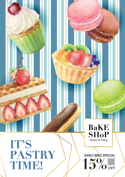 烘焙店社交媒体海报模板。复古桌布背景上时髦的甜点水彩矢量插图图片下载