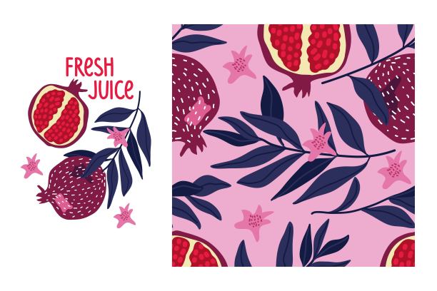 新鲜果汁。石榴果与叶和无缝石榴图案。石榴。新鲜水果矢量夏季纺织品，织物，纸张，壁纸，包装的重复背景。图片下载