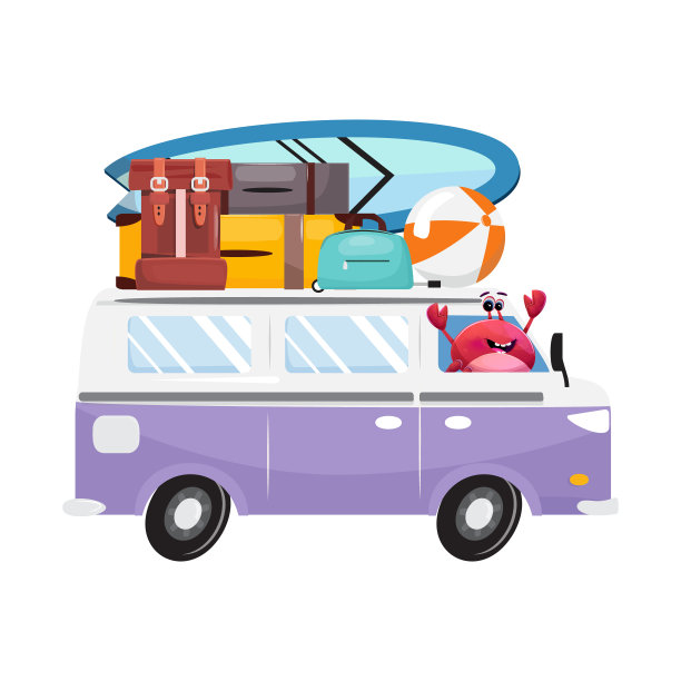 一辆紫色面包车的插图，窗外有一只红色的螃蟹在招手，准备去海滩冒险。屋顶上堆满了行李箱、冲浪板、沙滩球和各种旅行袋图片下载