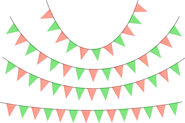 红色和绿色的新年彩旗花环和用碎布做成的旗帜。用于节日、聚会庆祝的装饰彩旗。图片下载