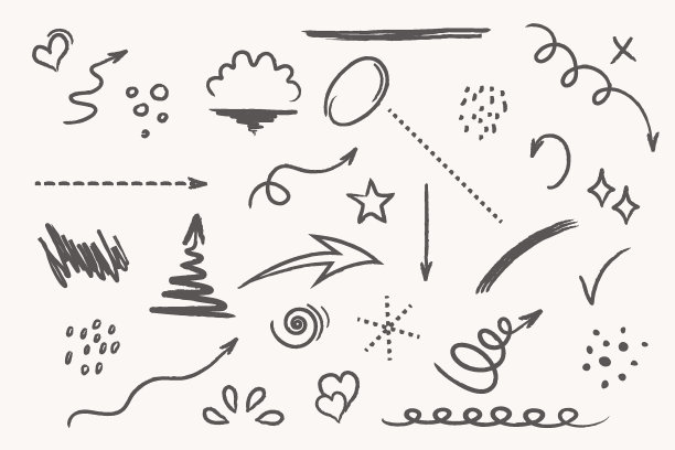 手绘的一组箭头，线，元素。手绘云，圆，语音气泡，垃圾集元素。复古风格的插图。图片下载