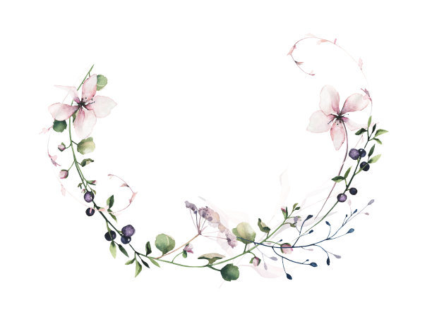 水彩花卉半圆形花环框架。粉红色的花，蓝色的，绿色的野草地小枝，蓝莓枝，叶子图片下载