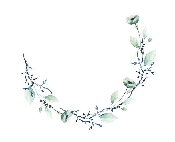 水彩花卉半圆形框架。蓝色的花，绿色的野草地和沼泽的细枝，青苔的枝，绿松石的叶。图片下载