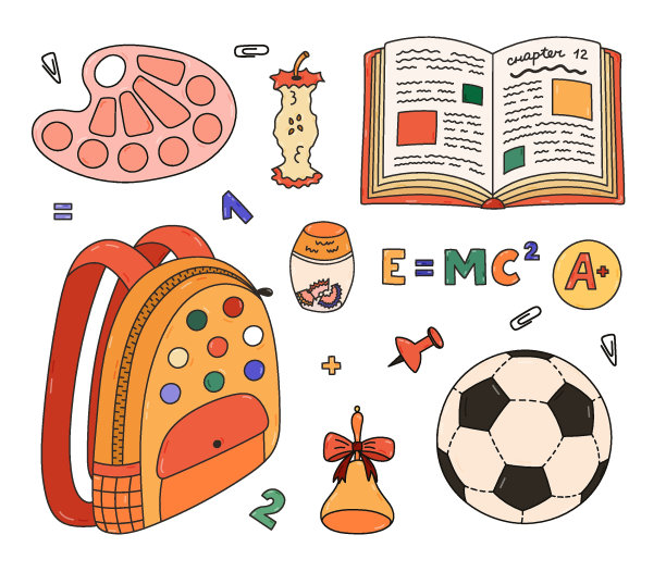 可爱的彩色涂鸦与孩子们的学习用品。手绘书包，打开的课本，地球仪，调色板，苹果核，足球。返校大纲剪贴画，用于学习、工作。图片下载