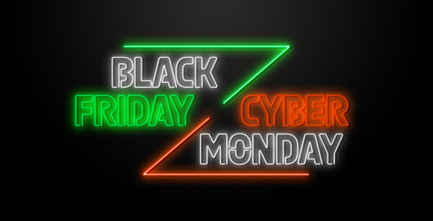 黑色星期五和网络星期一的霓虹灯促销。轻横幅，亮广告。设计模板的横幅，网页标题，社交媒体。图片下载