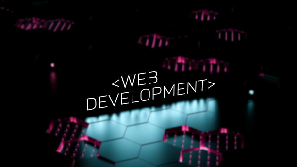 WEB开发文字，发光的霓虹字在数码模糊的背景上。网页开发教育，技能，技术理念，壁纸。三维渲染图片下载