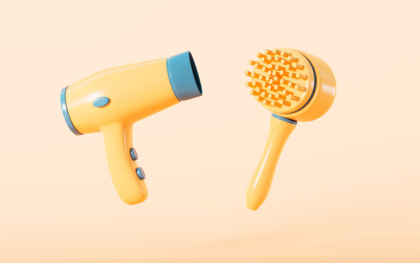 卡通吹风机和梳子，美发美容，3d渲染。图片下载