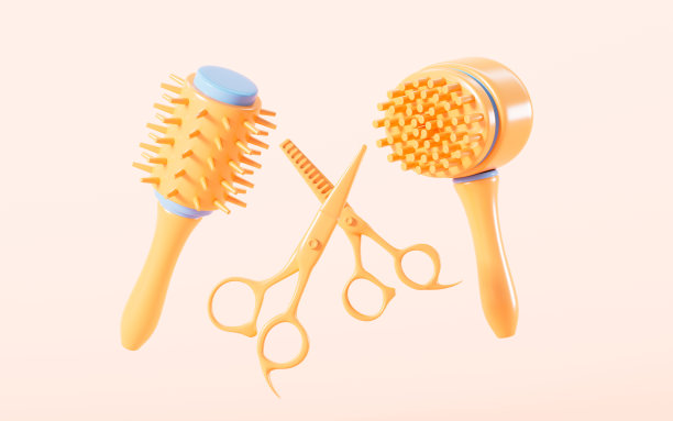 卡通理发剪刀和梳子在黄色背景，3d渲染。图片下载