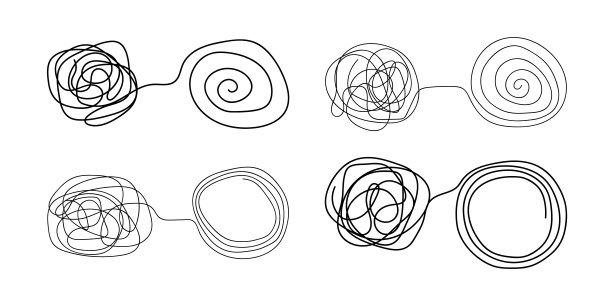 解开线，单线。混乱和秩序的业务概念矢量插图。手画解缠线集。图片下载