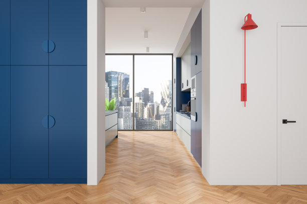 家庭厨房内部设有岛和厨柜，门口和窗户图片下载