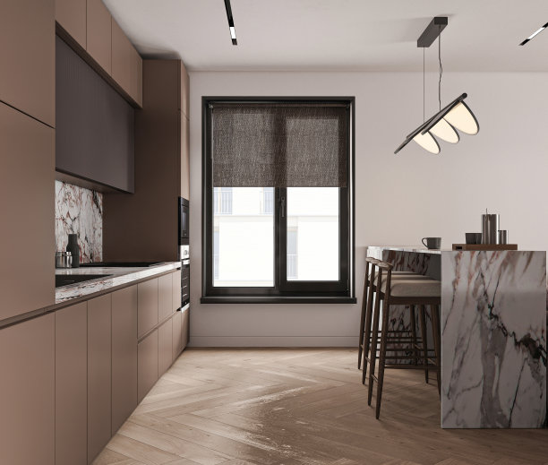 现代开放式生活空间，集成厨房，大理石岛和独特的照明，3d渲染图片下载