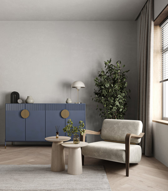 一个别致的客厅角落，舒适的扶手椅，时髦的蓝色餐具柜，金色的触摸，温暖的自然光，3d渲染图片下载