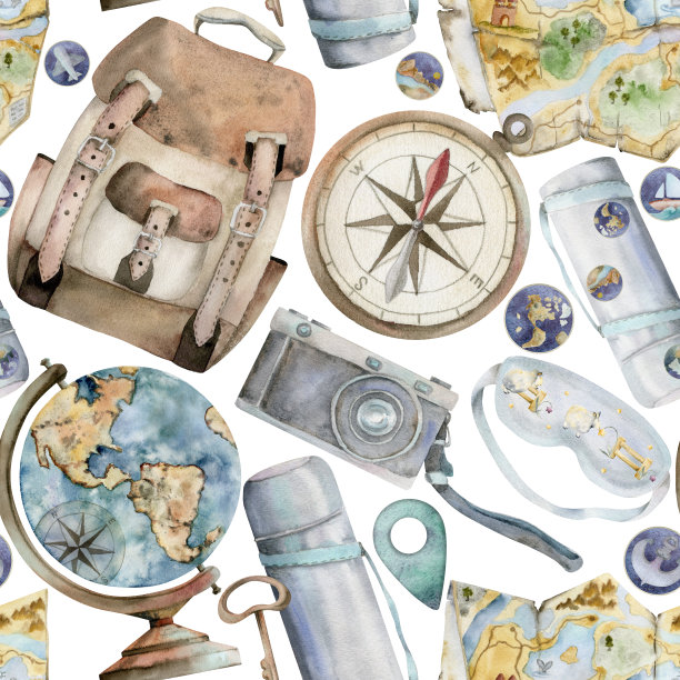 旧照相机，背包，睡眠面罩，指南针，保温瓶，老式地球仪，位置光标。水彩手绘艺术。无缝模式。设计旅游，旅游宣传册，导游，名片，纹身。图片下载