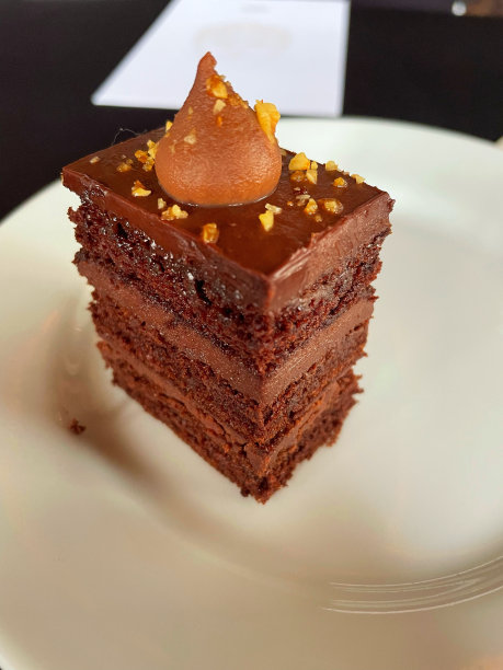 在一张特写照片中，盘子上放着巧克力蛋糕，上面撒着花生酱图片下载