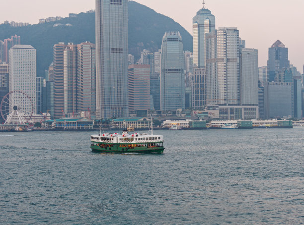 上午从维多利亚港眺望香港市景，船只在蓝色的海面上航行，背景是现代建筑。图片下载