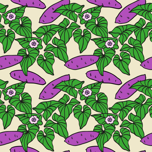 甘薯植物手绘无缝图案。重复矢量背景块茎，山药，叶，花。彩色食品图。设计元素的纺织品，标签，卡片，纸张，菜单，卡片图片下载