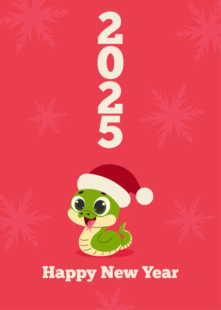 2025年新年贺卡，红色雪花背景，圣诞老人帽子上有可爱的蛇。春节快乐。蛇年。向量的卡片图片下载
