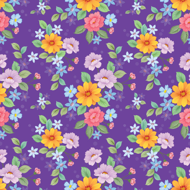 美丽的花朵设计在紫色的背景无缝图案。图片下载