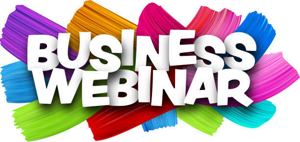 商业网络研讨会纸字标志与彩色光谱油漆刷笔触在白色。图片下载