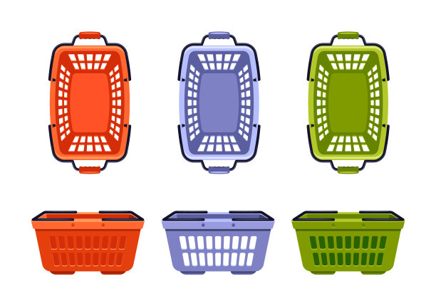 彩色购物篮，包括红色，蓝色和绿色的颜色。卡通矢量图像功能头顶和侧视图图片下载