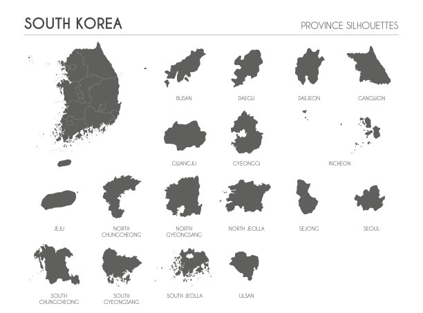 韩国地区的轮廓设置和空白地图的国家孤立在白色的背景。矢量插图设计图片下载