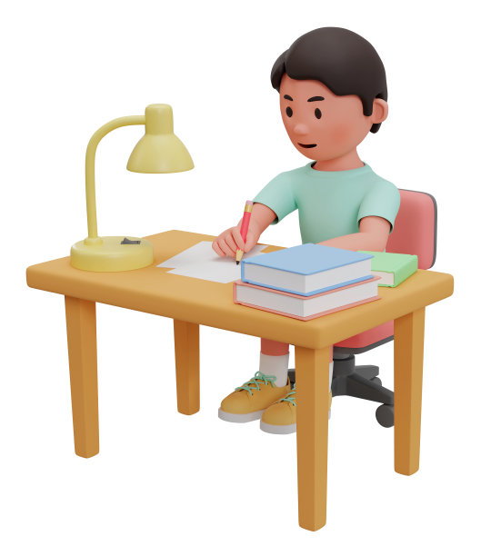 3D男孩坐在椅子上做作业或学习图片下载
