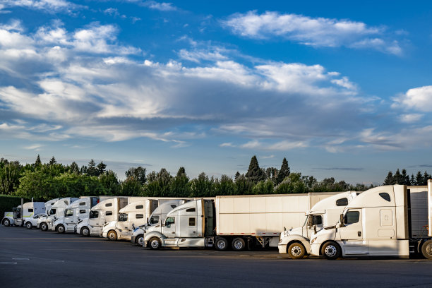 一排排的白色大卡车和半挂车站在云雾缭绕的卡车停车场上图片下载