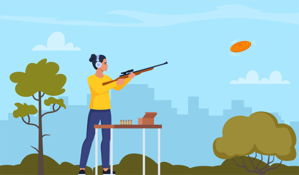 拿着猎枪练习泥鸽射击的女人。矢量插图的网页和移动设计。图片下载