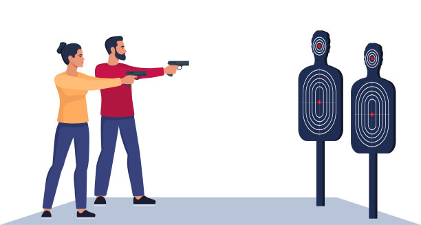 专注的男人和女人练习射击技巧在室内靶场。戴着护耳的人物自信地站着，用手枪瞄准目标。矢量插图。图片下载
