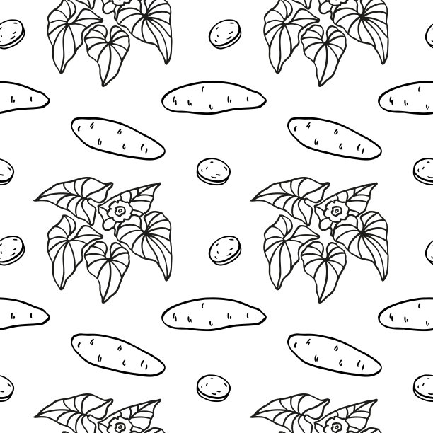 甘薯植物手绘无缝图案。重复矢量背景块茎，山药，叶，花。黑白线艺术食品图形。纺织品，标签，卡片，纸张，菜单的设计元素图片下载