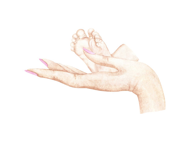 婴儿高跟鞋在妈妈手里，新生儿，小腿部拥抱，母亲护理，新生儿沐浴。手绘水彩插画，肉色，关怀和爱与家庭。图片下载