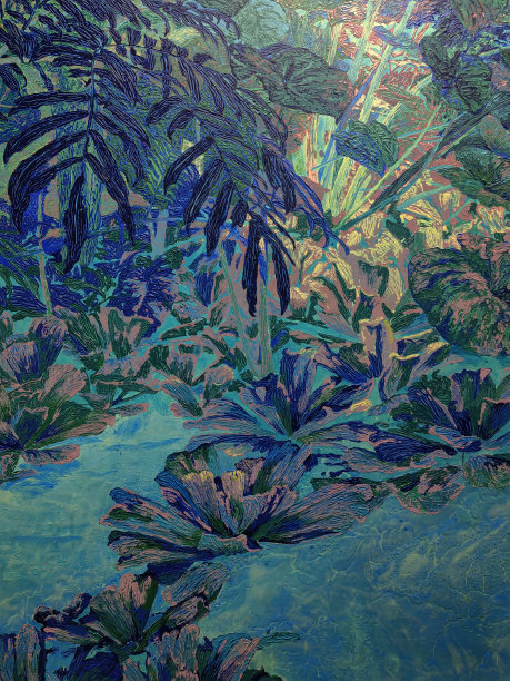 蓝色的热带树叶无缝花的背景画在陶瓷上。图片下载