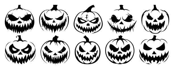 万圣节南瓜剪影集。各种情绪的恐怖面孔。黑色矢量图标隔离在透明的背景。十月恐怖派对和感恩节剪贴画的理想选择。图片下载