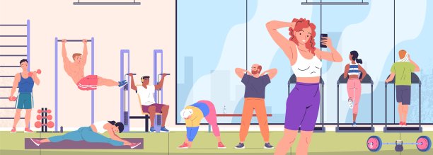 人们在健身房内部锻炼。男子女子运动员健身训练运动俱乐部的房间，柔韧性锻炼哑铃或跑步机的重量，经典的矢量插图图片下载