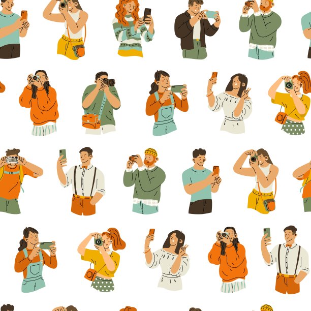 无尽的无缝图案与摄影师。人们用相机或手机拍照或录像。打印摄影设备商店或博客创建的内容。矢量插图。图片下载