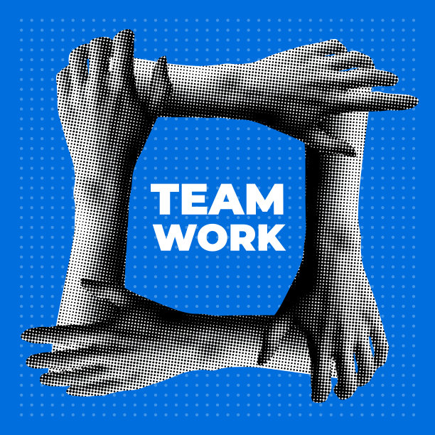 现代拼贴画与半色调的手。团队合作理念图片下载