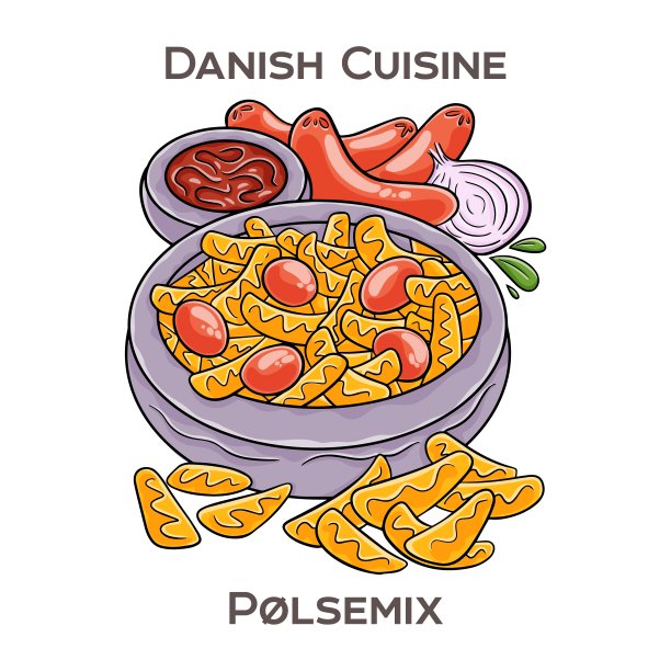 Polsemix是一种很受欢迎的丹麦快餐，由切片香肠和炸薯条混合而成，上面放着各种调味品，通常是番茄酱、蛋黄酱和生洋葱。图片下载