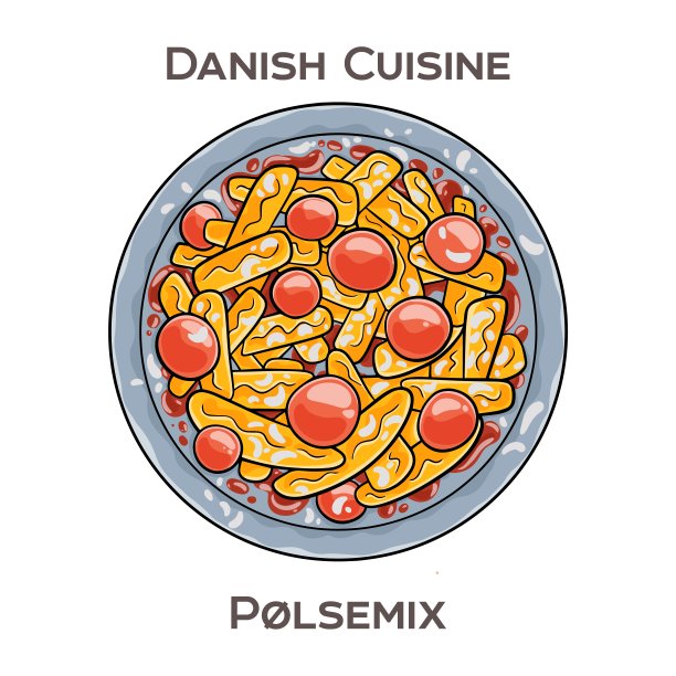 Polsemix是一种很受欢迎的丹麦快餐，由切片香肠和炸薯条混合而成，上面放着各种调味品，通常是番茄酱、蛋黄酱和生洋葱。图片下载
