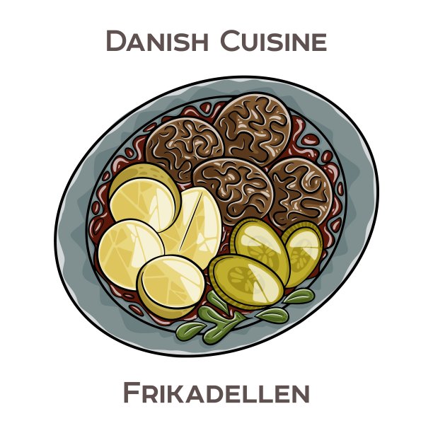 Frikadellen是一种传统的丹麦菜，由调味过的碎肉做成肉丸或肉饼，通常与土豆和肉汁一起食用。图片下载