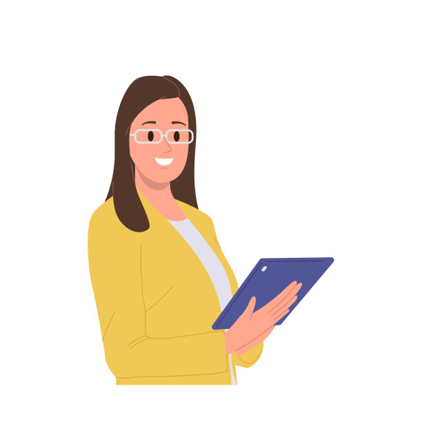 使用数字移动平板电脑工作的卡通职业女秘书图片下载