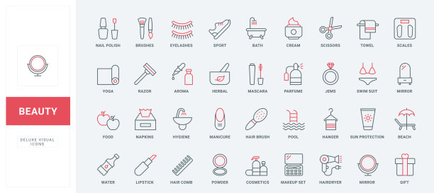 美容化妆品和化妆，配件套件的沙龙或家庭护理线图标集图片下载