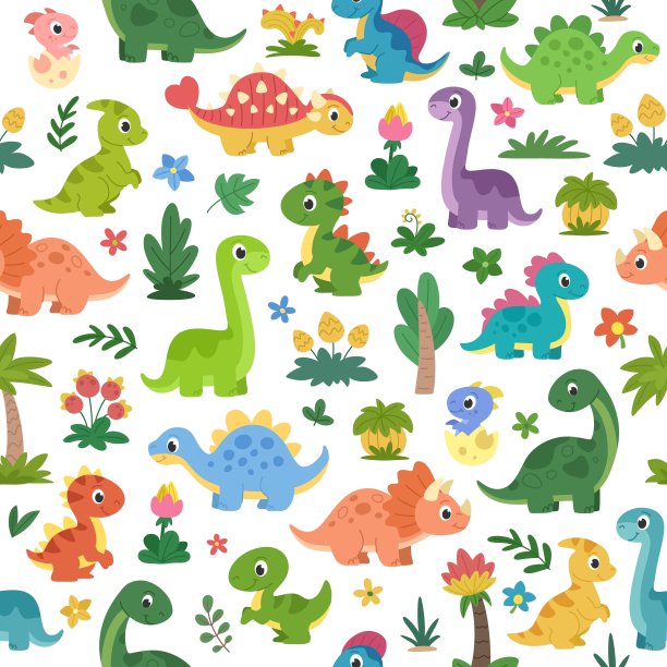 卡通恐龙无缝图案。可爱的孩子恐龙和史前植物背景。图片下载